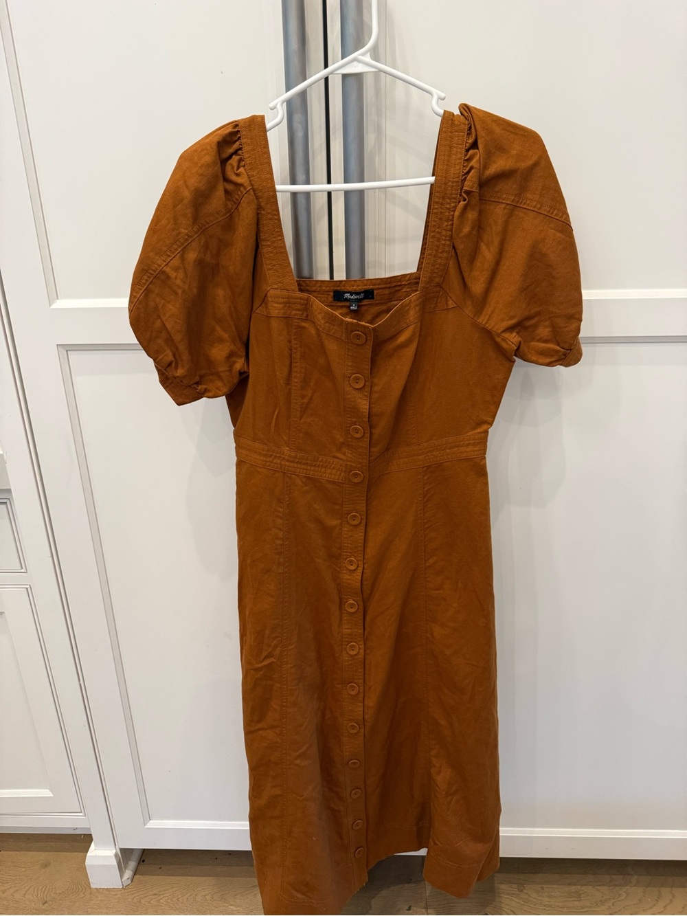 NWT Madewell Puff-Sleeve Button-Front Midi Dress in Rust